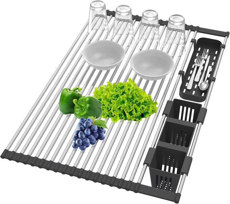 BBXTYLY Extra Large Black Expandable Roll Up Dish Drying Rack Up to 22.8''with 2 Storage Baskets,Over The Sink Kitchen Rolling up Dish Drainer Dish Drying Rack in Sink, Foldable,Rollable,for Kitchen Dishes - Image 2